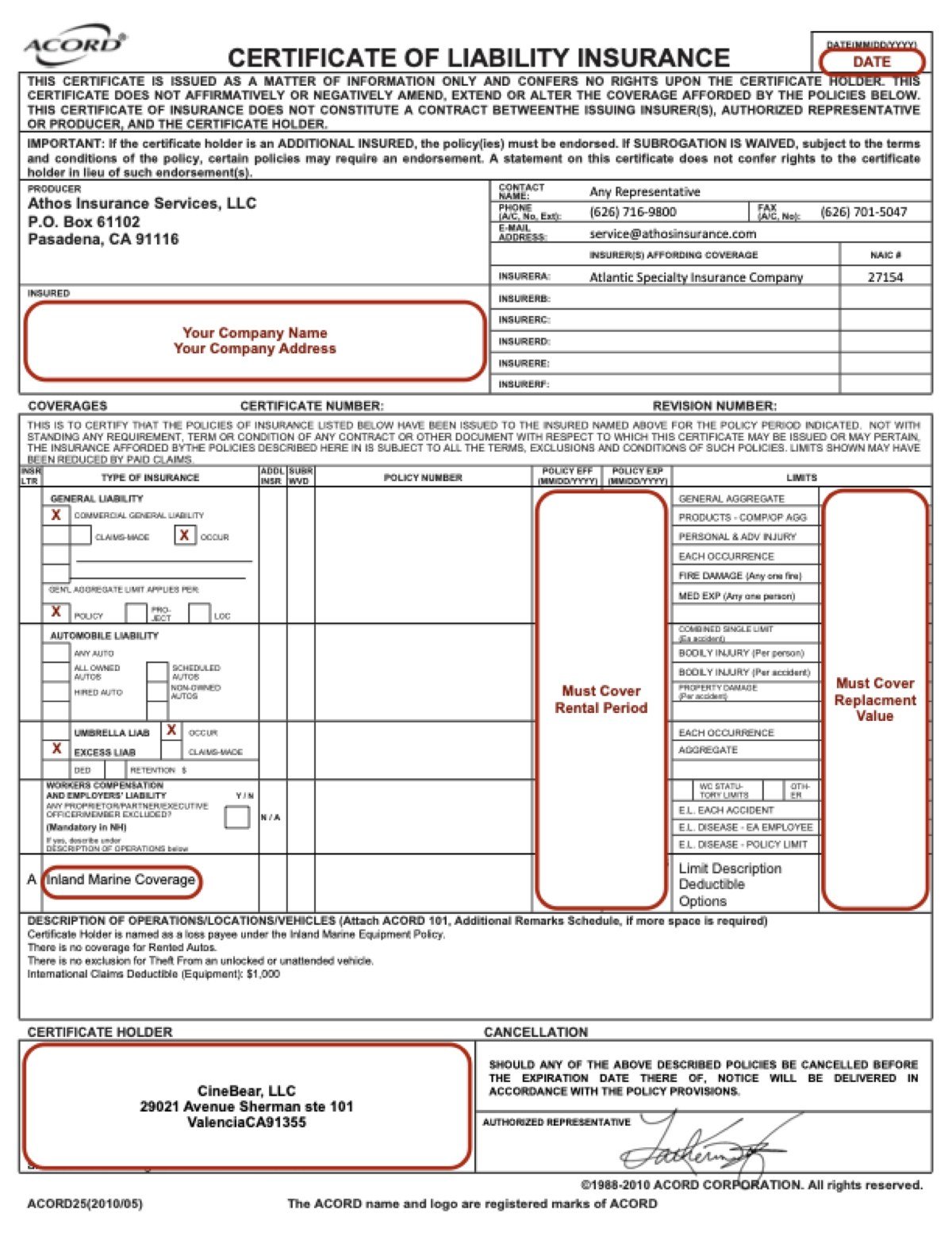 Annotated example Certificate of Insurance showing the required fields